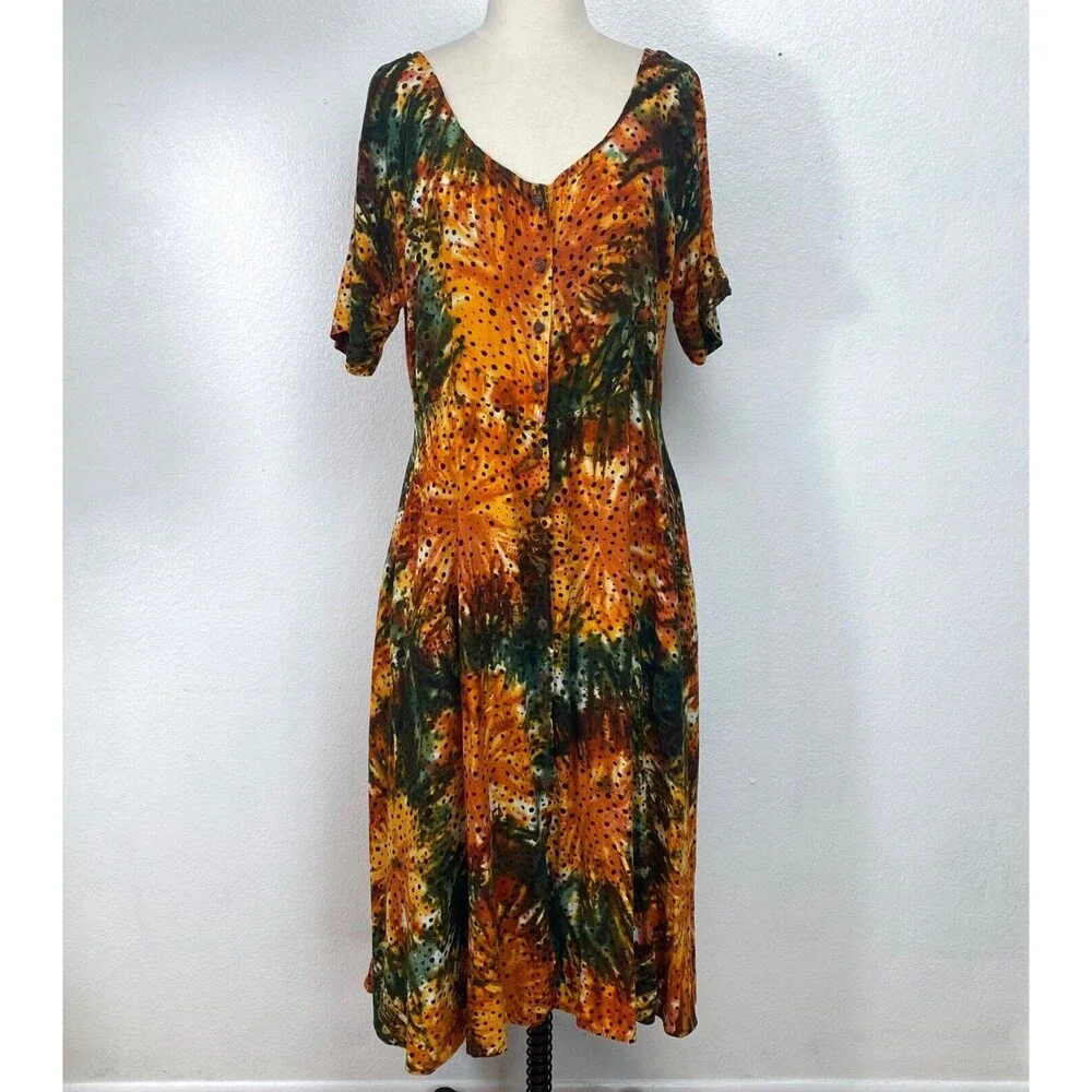 Vintage Womans Midi Dress Medium Rayon Orange Tie-Dye Boho Peasant Y2K Festival